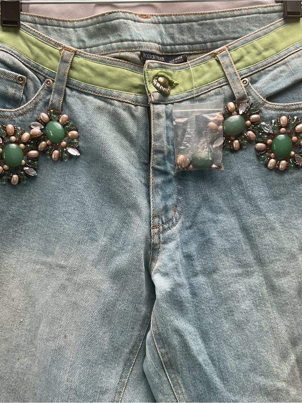 Boston Proper Light Blue High-Rise Jeans with Green Jeweled Trim